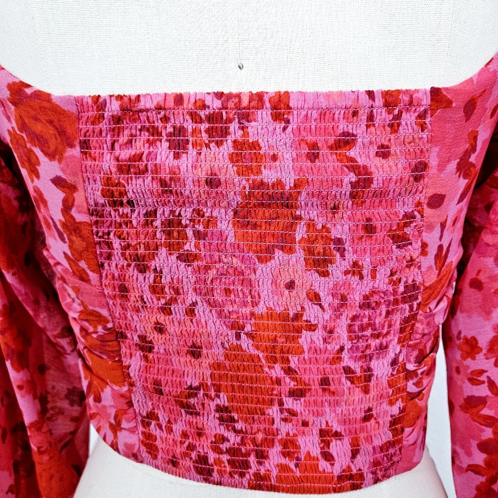 Free People Oh La La Floral Ruched Sweetheart Mesh Top Pink S